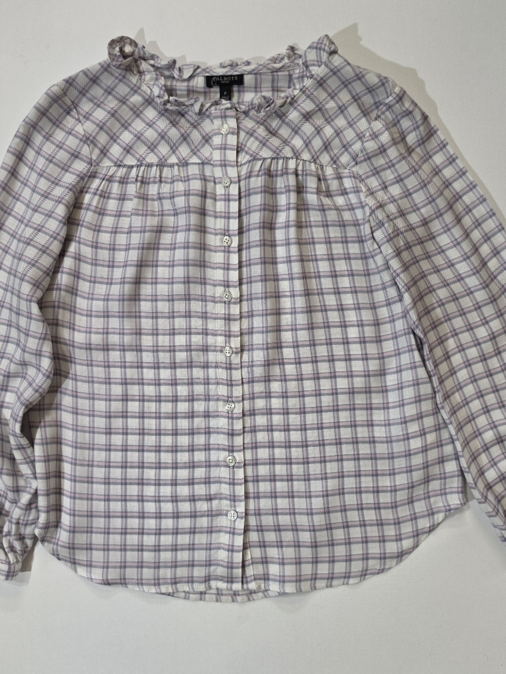 Talbots Blouse Womens XLP White Pink Plaid Button Down Ruffle Neck Cottagecore